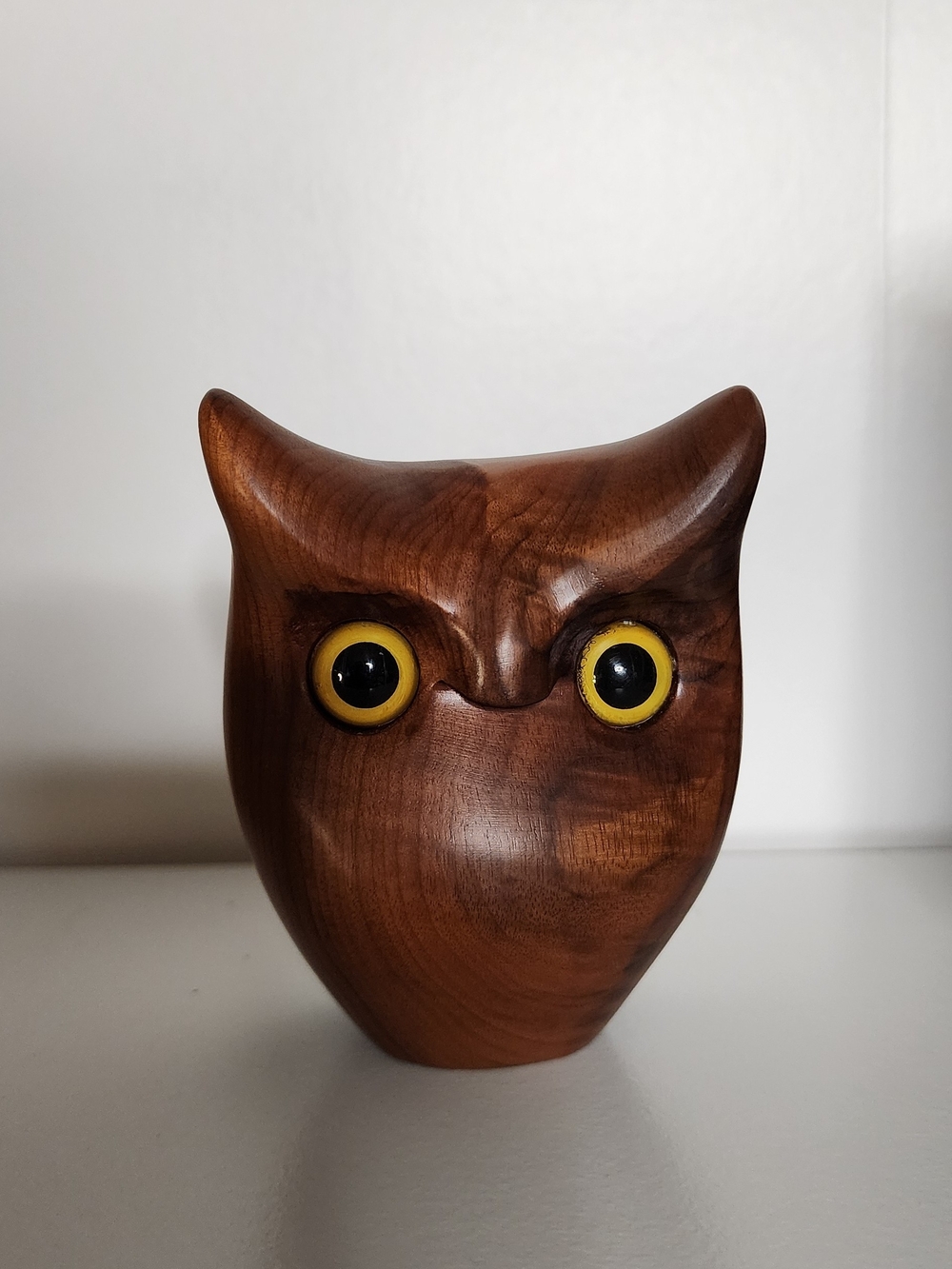 Hand-Carved Wooden Owl Sculpture with Yellow Eyes